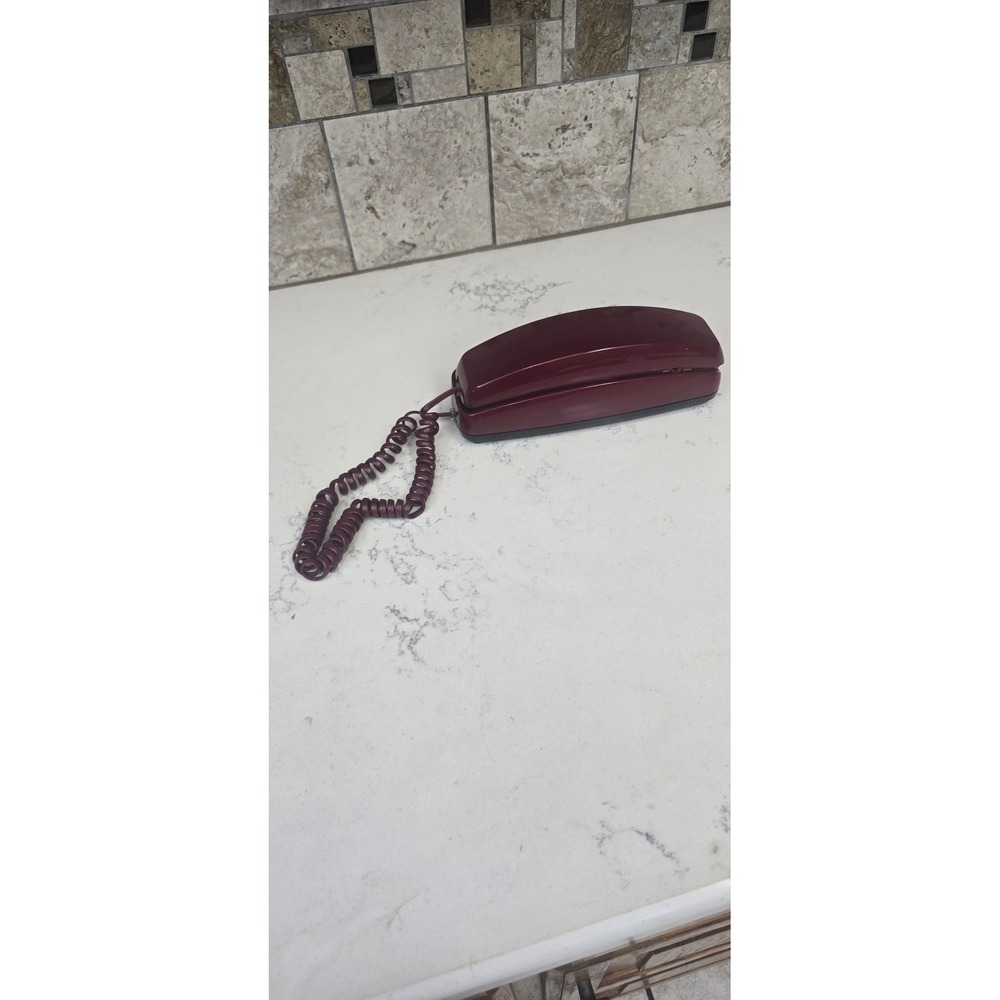 Vintage 1993 Burgundy Slimline Corded Telephone Retro Maroon Wall Desk Phone